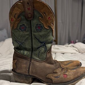 Kids Western Boots with Embroidery - Brown and Green